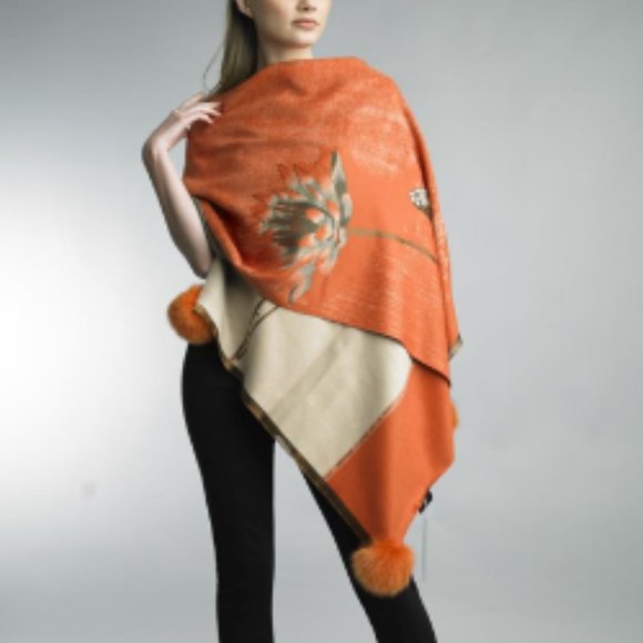 Diana Rosh Orange and Ivory Wrap with Fox Fur Poms